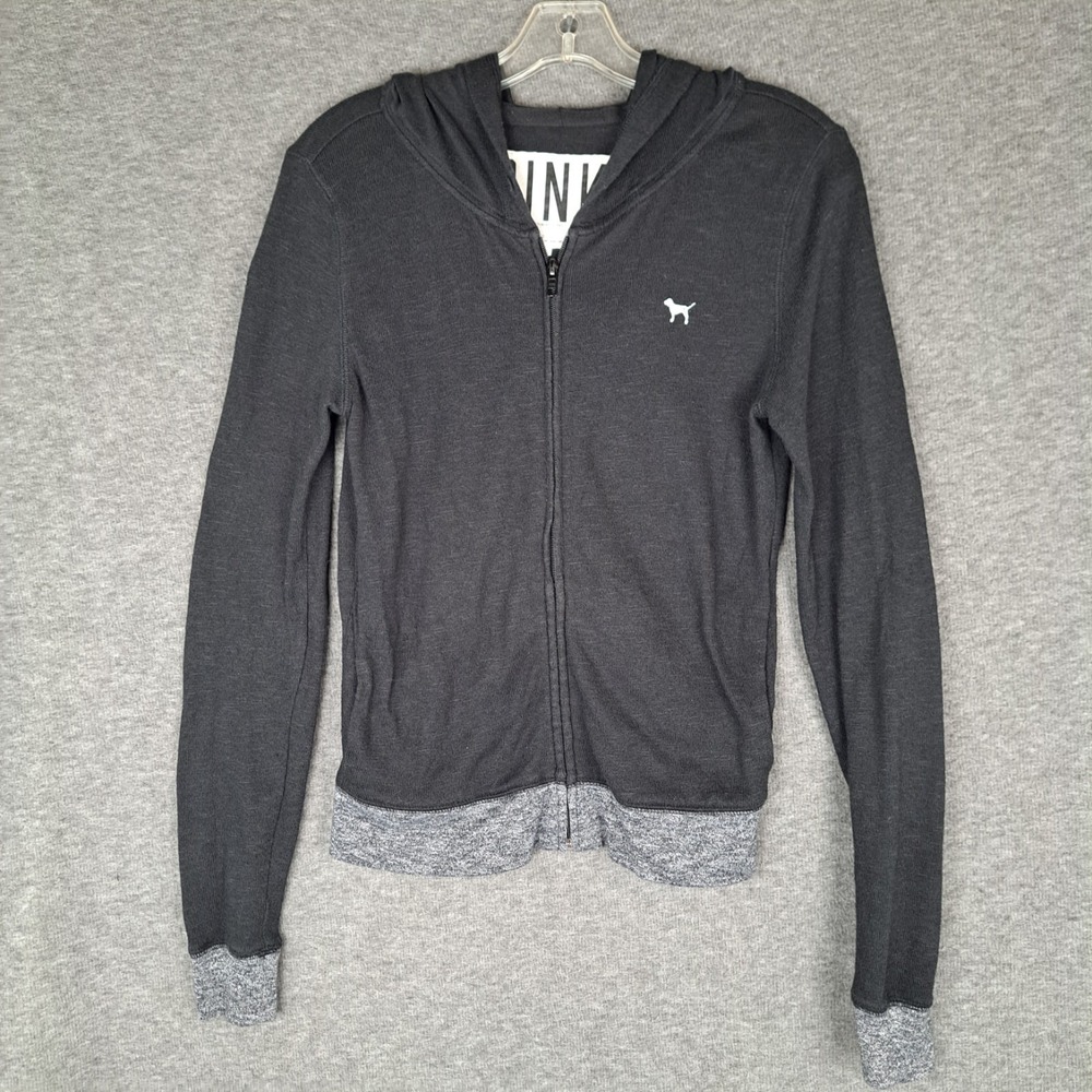 Victoria's Secret 2000s PINK Black Zip Hoodie Gray Cuff Hem Graphic Back Small